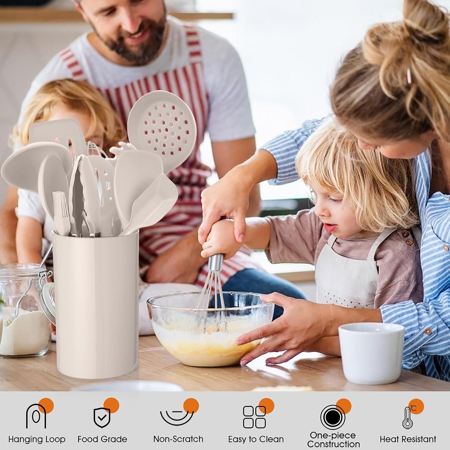 imageKitchen Utensils Set Efar 15Piece Silicone Cooking Utensils with Holder Nonstick Cookware Friendly amp Heat Resistant Includes Ladle Spatula Spoon Slotted Turner for Cooking amp Baking BlackKhaki
