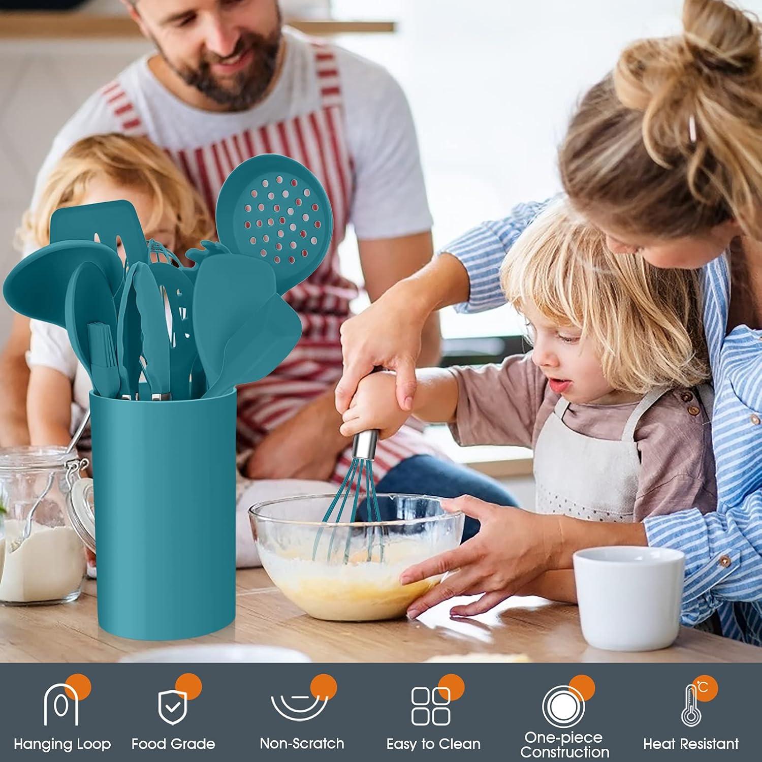 imageKitchen Utensils Set Efar 15Piece Silicone Cooking Utensils with Holder Nonstick Cookware Friendly amp Heat Resistant Includes Ladle Spatula Spoon Slotted Turner for Cooking amp Baking BlackTeal Blue