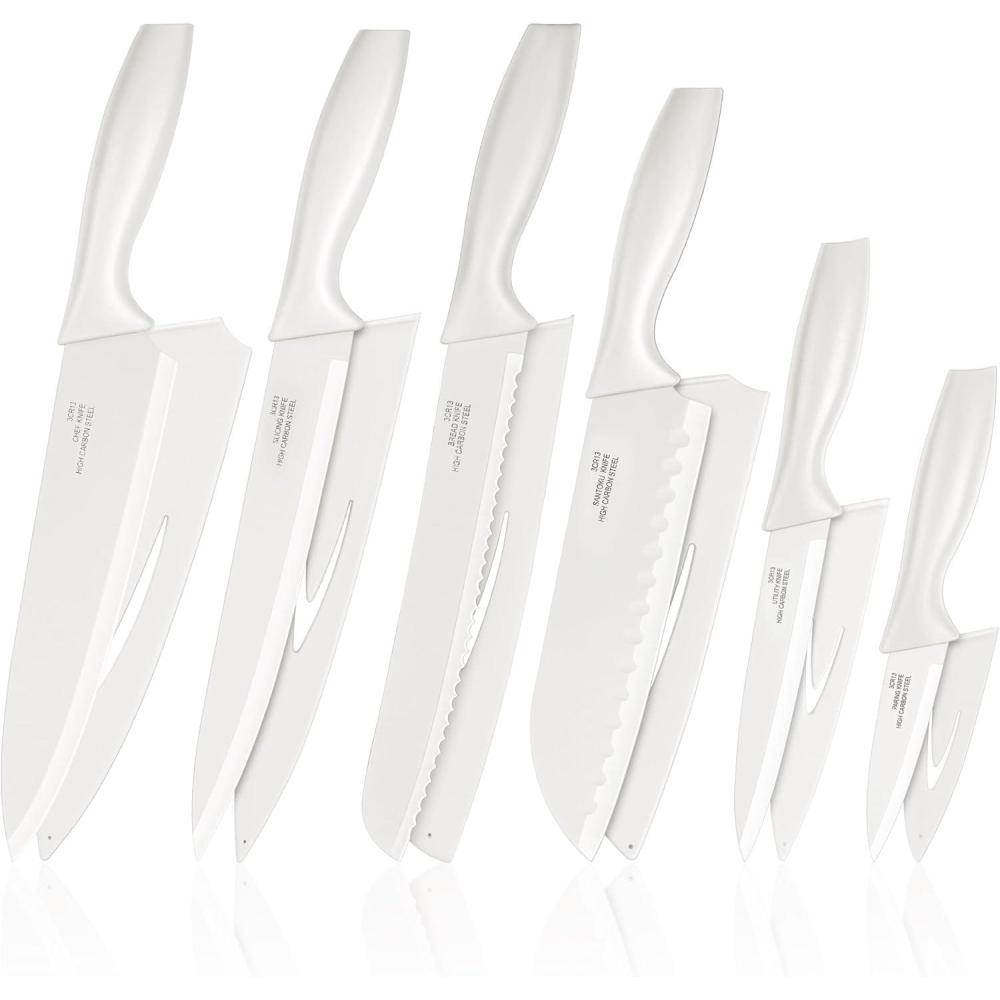 imageEfar 12Piece Kitchen Knife Set Stainless Steel Chef Knives Set with 6 Blade Guards Sharp Kitchen Cooking Knife with Ergonomic Handle AntiRust amp Easy to Clean CreamCream