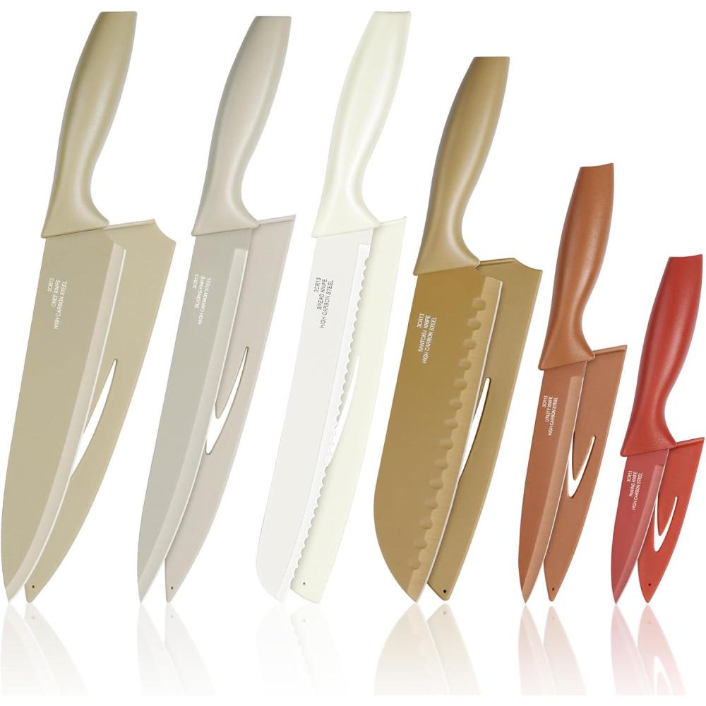 imageEfar 12Piece Kitchen Knife Set Stainless Steel Chef Knives Set with 6 Blade Guards Sharp Kitchen Cooking Knife with Ergonomic Handle AntiRust amp Easy to Clean CreamAssorted