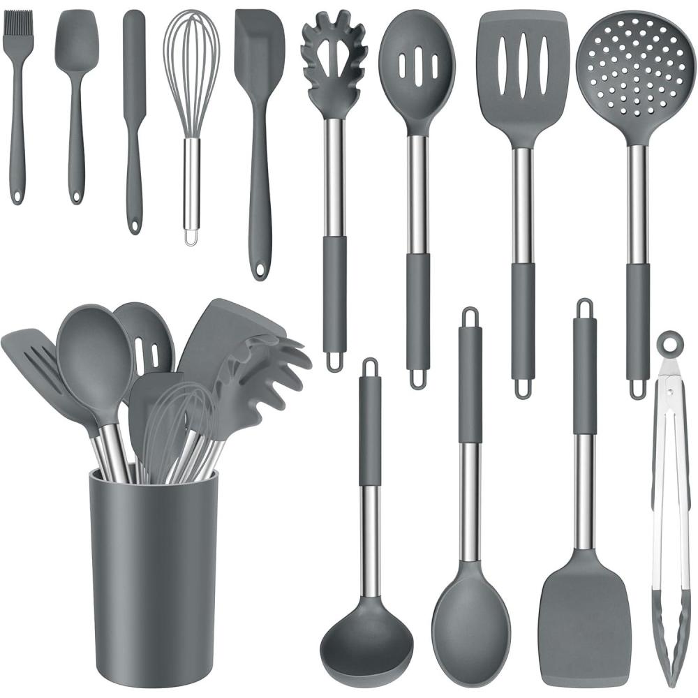 imageEfar 14 Pieces Silicone Cooking Utensils Set Kitchen Utensils Set with Holder Spatula Ladle Spoon Tong Slotted Turner for Nonstick Cookware Heat Resistant amp Stainless Steel Handle BlackGray