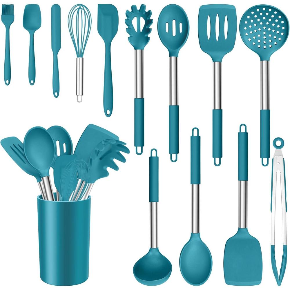 imageEfar 14 Pieces Silicone Cooking Utensils Set Kitchen Utensils Set with Holder Spatula Ladle Spoon Tong Slotted Turner for Nonstick Cookware Heat Resistant amp Stainless Steel Handle BlackBlue