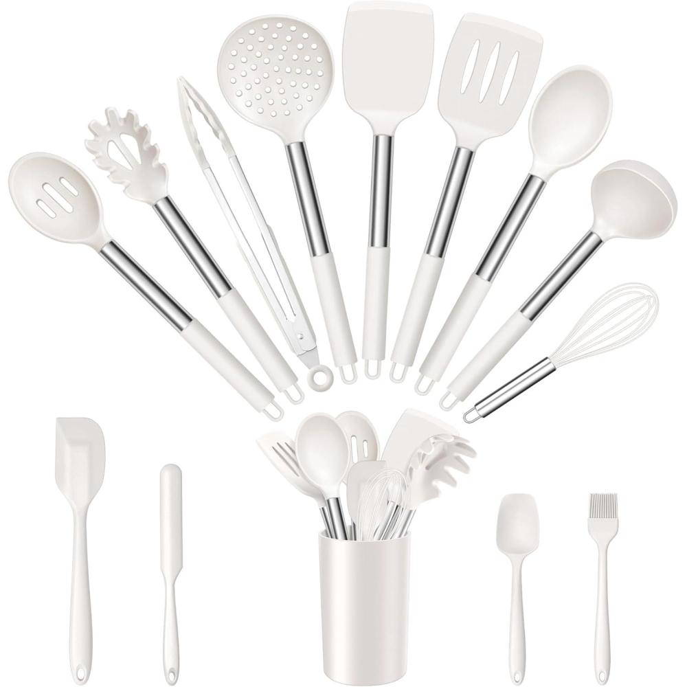 imageEfar 14 Pieces Silicone Cooking Utensils Set Kitchen Utensils Set with Holder Spatula Ladle Spoon Tong Slotted Turner for Nonstick Cookware Heat Resistant amp Stainless Steel Handle BlackCream White