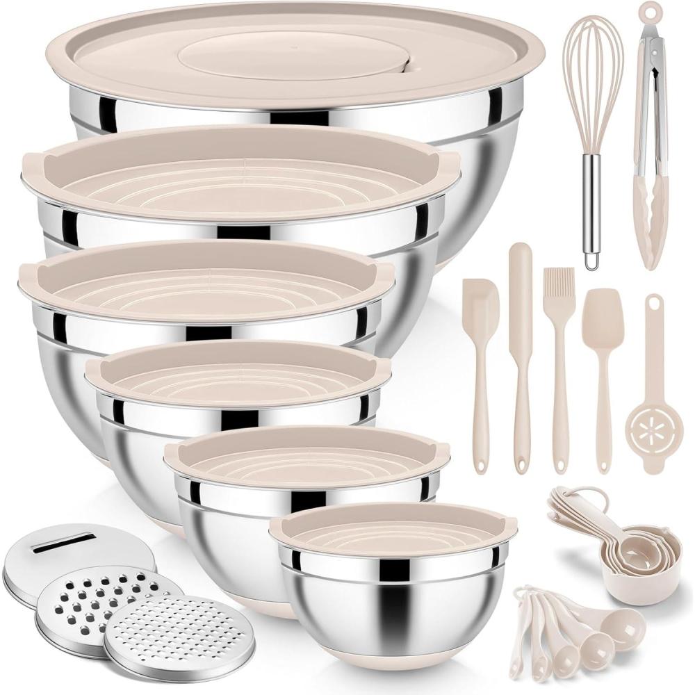 imageEfar 25PCS Mixing Bowls with Lid Set Stainless Steel Nesting Prep Bowls with Grater Attachments NonSlip Bottoms for Cooking Serving Food Storage 4626215107QT KhakiKhaki