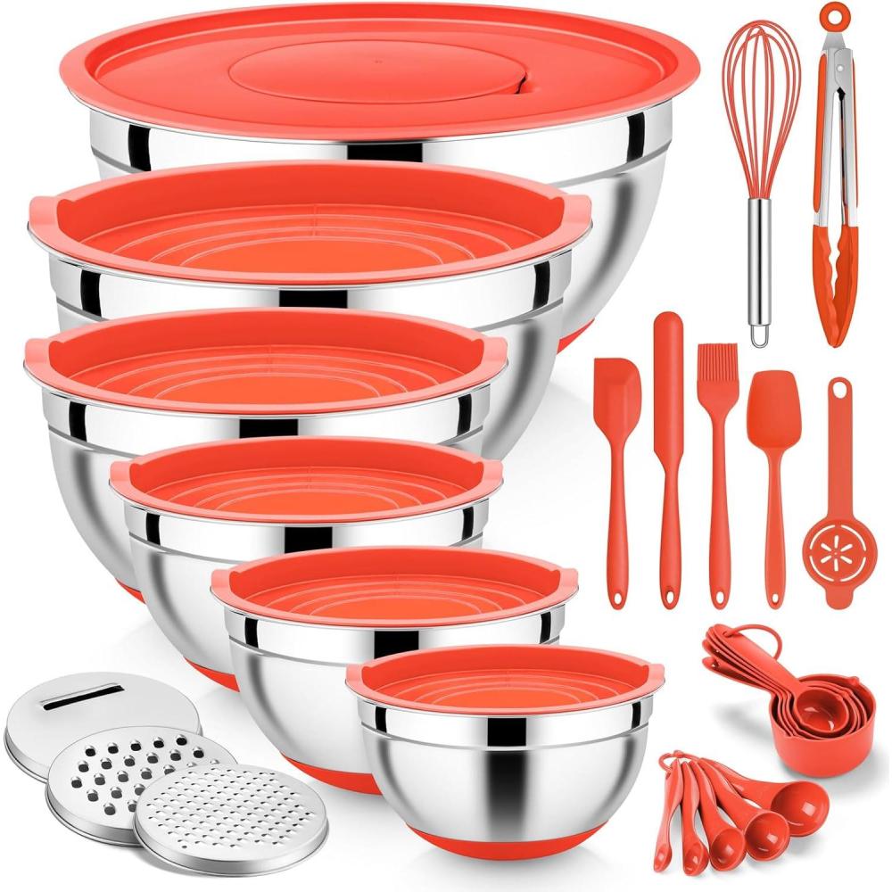 imageEfar 25PCS Mixing Bowls with Lid Set Stainless Steel Nesting Prep Bowls with Grater Attachments NonSlip Bottoms for Cooking Serving Food Storage 4626215107QT KhakiRed