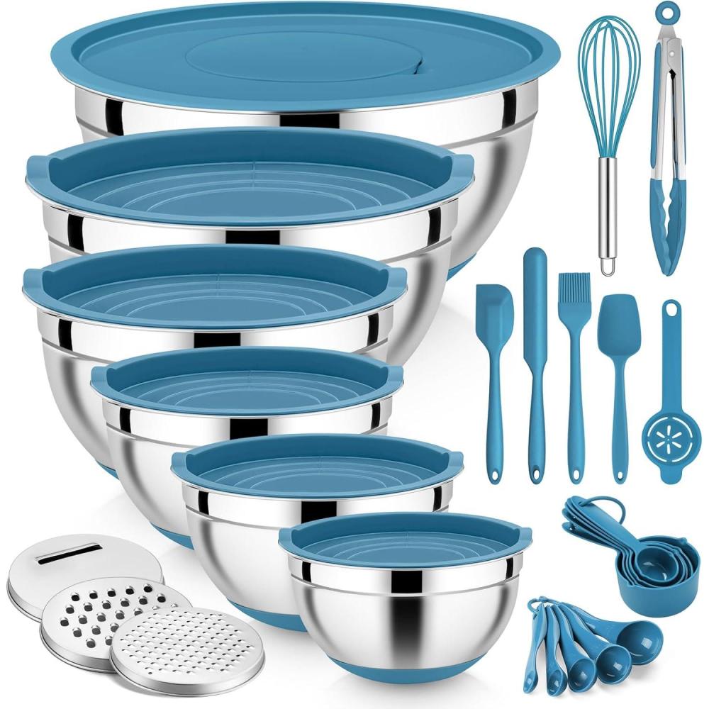 imageEfar 25PCS Mixing Bowls with Lid Set Stainless Steel Nesting Prep Bowls with Grater Attachments NonSlip Bottoms for Cooking Serving Food Storage 4626215107QT KhakiBlue