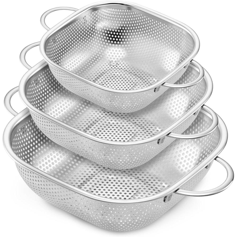 imageEfar 3 Pack Colander for Kitchen Square Stainless Steel Metal Strainer Colander with Handle for Draining Food Pasta Vegetable MicroPerforated amp Elevated Feet Dishwasher Safe2446QT