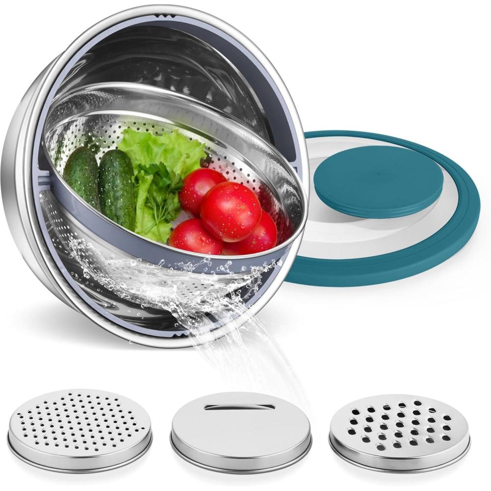 imageEfar Colander with Mixing Bowl Set 41 Stainless Steel Colander Strainers Bowl with Graters for Kitchen Rotatable Food Strainer Bowl for Rinsing Fruits VegetablesDraining Pasta  BlueBlue