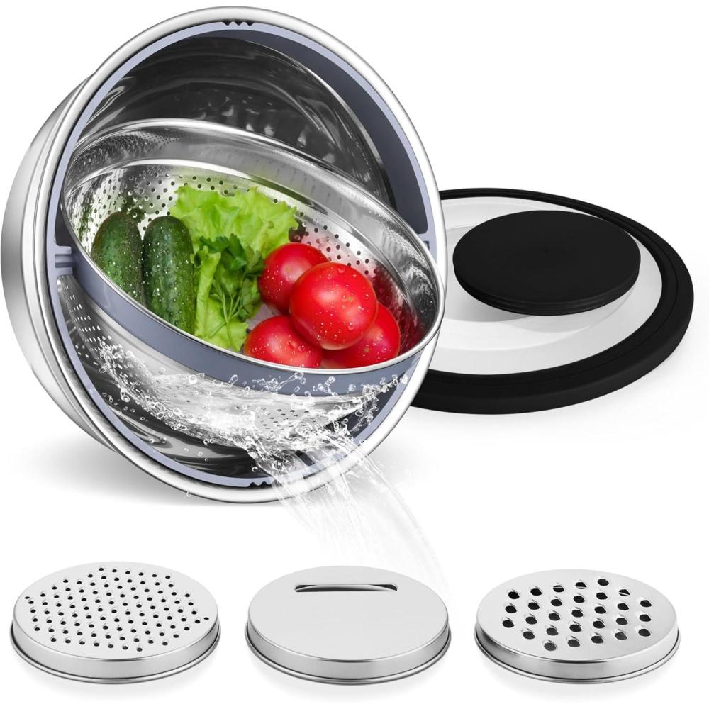 imageEfar Colander with Mixing Bowl Set 41 Stainless Steel Colander Strainers Bowl with Graters for Kitchen Rotatable Food Strainer Bowl for Rinsing Fruits VegetablesDraining Pasta BlueBlack