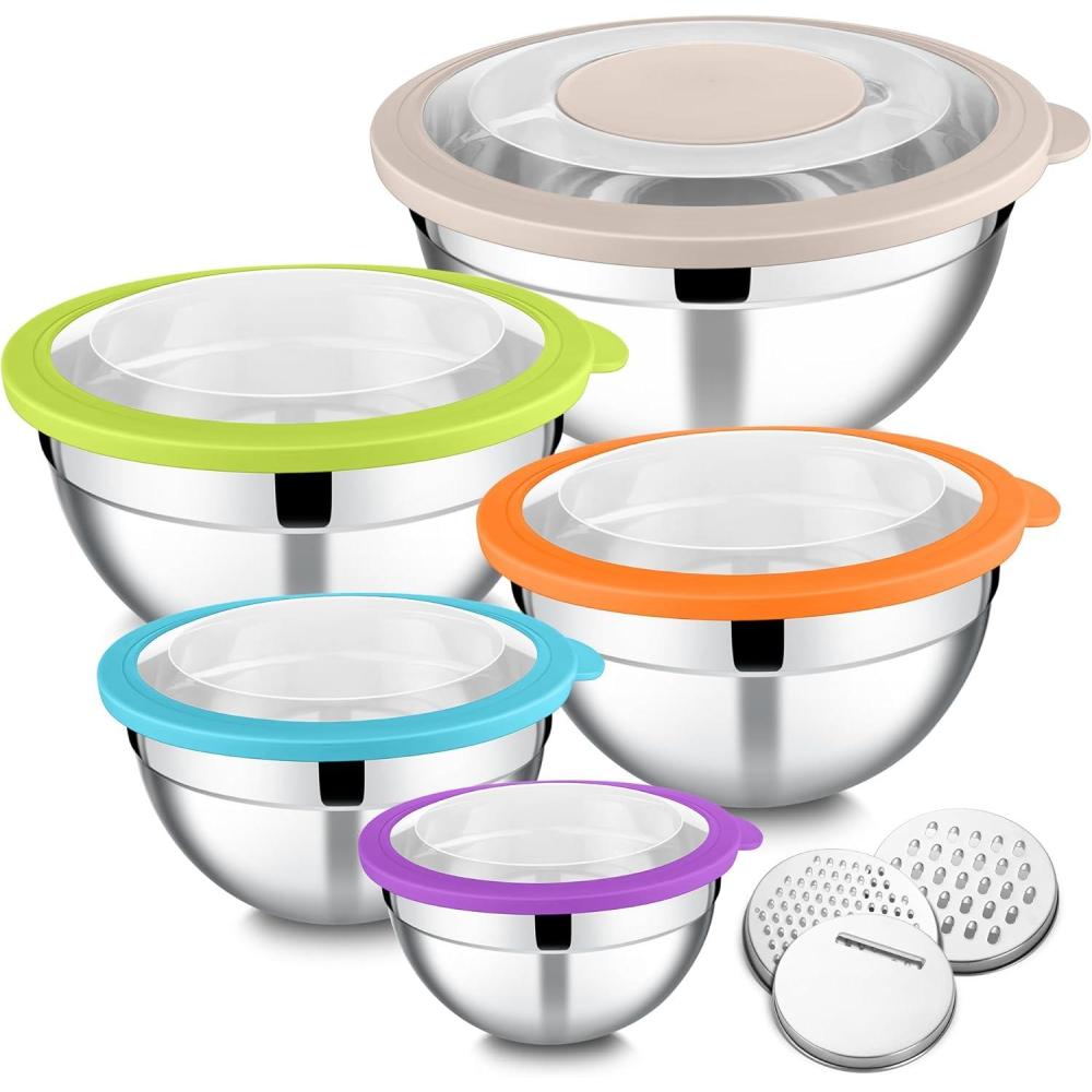 imageEfar Mixing Bowls Set of 5 Stainless Steel Salad Mixing Bowl with Transparent Lid Metal Nesting Bowl with 3 Graters for Kitchen PreppingServingBakingStorage 462615107 QT Colorful