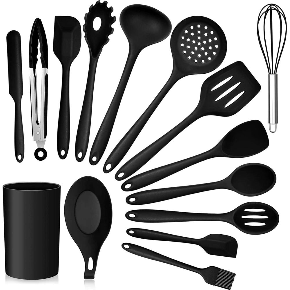 imageKitchen Utensils Set Efar 15Piece Silicone Cooking Utensils with Holder Nonstick Cookware Friendly amp Heat Resistant Includes Ladle Spatula Spoon Slotted Turner for Cooking amp Baking BlackBlack