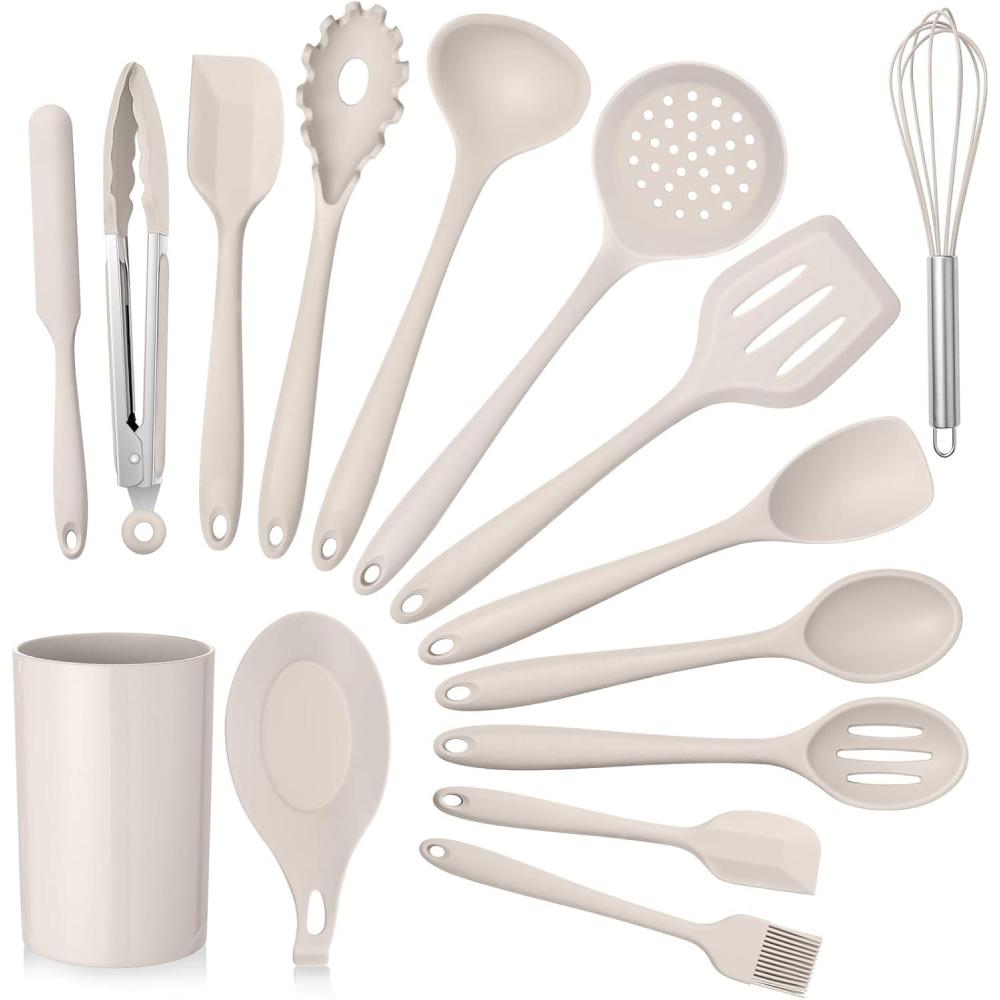 imageKitchen Utensils Set Efar 15Piece Silicone Cooking Utensils with Holder Nonstick Cookware Friendly amp Heat Resistant Includes Ladle Spatula Spoon Slotted Turner for Cooking amp Baking BlackKhaki