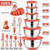 E-far 25PCS Mixing Bowls with Lid Set, Stainless Steel Nesting Prep Bowls with Grater Attachments Non-Slip Bottoms for Cooking, Serving, Food Storage, 4.6/2.6/2/1.5/1/0.7QT – Khaki(Red)