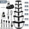 E-far 25PCS Mixing Bowls with Lid Set, Stainless Steel Nesting Prep Bowls with Grater Attachments Non-Slip Bottoms for Cooking, Serving, Food Storage, 4.6/2.6/2/1.5/1/0.7QT – Khaki(Black)