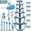 E-far 25PCS Mixing Bowls with Lid Set, Stainless Steel Nesting Prep Bowls with Grater Attachments Non-Slip Bottoms for Cooking, Serving, Food Storage, 4.6/2.6/2/1.5/1/0.7QT – Khaki(Blue)