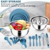 E-far 25PCS Mixing Bowls with Lid Set, Stainless Steel Nesting Prep Bowls with Grater Attachments Non-Slip Bottoms for Cooking, Serving, Food Storage, 4.6/2.6/2/1.5/1/0.7QT – Khaki(Blue)