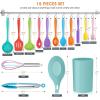 Kitchen Utensils Set, E-far 15-Piece Silicone Cooking Utensils with Holder, Non-stick Cookware Friendly & Heat Resistant, Includes Ladle Spatula Spoon Slotted Turner for Cooking & Baking (Black)(Colorful)