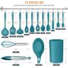 Kitchen Utensils Set, E-far 15-Piece Silicone Cooking Utensils with Holder, Non-stick Cookware Friendly & Heat Resistant, Includes Ladle Spatula Spoon Slotted Turner for Cooking & Baking (Black)(Teal Blue)