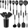 E-far 14 Pieces Silicone Cooking Utensils Set, Kitchen Utensils Set with Holder, Spatula, Ladle, Spoon, Tong, Slotted Turner for Nonstick Cookware, 446°F Heat Resistant & Stainless Steel Handle, Blue(Black)