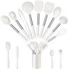E-far 14 Pieces Silicone Cooking Utensils Set, Kitchen Utensils Set with Holder, Spatula, Ladle, Spoon, Tong, Slotted Turner for Nonstick Cookware, 446°F Heat Resistant & Stainless Steel Handle, Blue(Cream White)