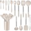 E-far 14 Pieces Silicone Cooking Utensils Set, Kitchen Utensils Set with Holder, Spatula, Ladle, Spoon, Tong, Slotted Turner for Nonstick Cookware, Heat Resistant & Stainless Steel Handle, Black(Khaki)