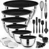 E-far 25PCS Mixing Bowls with Lid Set, Stainless Steel Nesting Prep Bowls with Grater Attachments Non-Slip Bottoms for Cooking, Serving, Food Storage, 4.6/2.6/2/1.5/1/0.7QT – Khaki(Black)