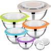 E-far Mixing Bowls Set of 5, Stainless Steel Salad Mixing Bowl with Transparent Lid, Metal Nesting Bowl with 3 Graters for Kitchen Prepping/Serving/Baking/Storage, 4.6/2.6/1.5/1/0.7 QT – Colorful