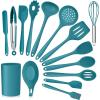 Kitchen Utensils Set, E-far 15-Piece Silicone Cooking Utensils with Holder, Non-stick Cookware Friendly & Heat Resistant, Includes Ladle Spatula Spoon Slotted Turner for Cooking & Baking (Black)(Teal Blue)