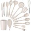 Kitchen Utensils Set, E-far 15-Piece Silicone Cooking Utensils with Holder, Non-stick Cookware Friendly & Heat Resistant, Includes Ladle Spatula Spoon Slotted Turner for Cooking & Baking (Black)(Khaki)