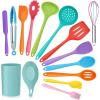 Kitchen Utensils Set, E-far 15-Piece Silicone Cooking Utensils with Holder, Non-stick Cookware Friendly & Heat Resistant, Includes Ladle Spatula Spoon Slotted Turner for Cooking & Baking (Black)(Colorful)