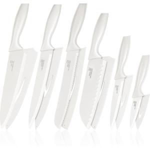 E-far 12-Piece Kitchen Knife Set, Stainless Steel Chef Knives Set with 6 Blade Guards, Sharp Kitchen Cooking Knife with Ergonomic Handle, Anti-Rust & Easy to Clean (Cream)(Cream)
