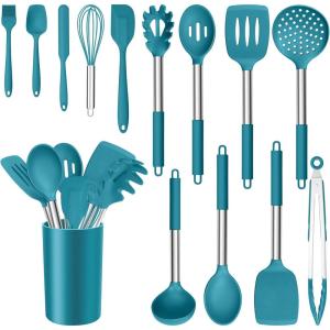 E-far 14 Pieces Silicone Cooking Utensils Set, Kitchen Utensils Set with Holder, Spatula, Ladle, Spoon, Tong, Slotted Turner for Nonstick Cookware, 446°F Heat Resistant & Stainless Steel Handle, Blue(Blue)