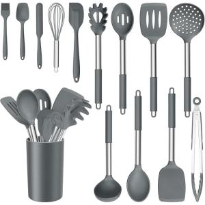 E-far 14 Pieces Silicone Cooking Utensils Set, Kitchen Utensils Set with Holder, Spatula, Ladle, Spoon, Tong, Slotted Turner for Nonstick Cookware, 446°F Heat Resistant & Stainless Steel Handle, Blue(Gray)