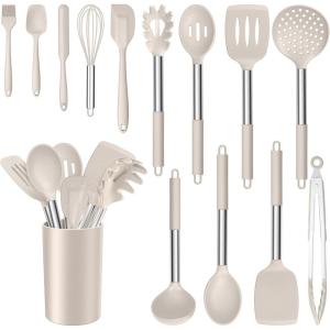 E-far 14 Pieces Silicone Cooking Utensils Set, Kitchen Utensils Set with Holder, Spatula, Ladle, Spoon, Tong, Slotted Turner for Nonstick Cookware, Heat Resistant & Stainless Steel Handle, Black(Khaki)