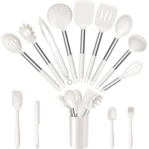 E-far 14 Pieces Silicone Cooking Utensils Set, Kitchen Utensils Set with Holder, Spatula, Ladle, Spoon, Tong, Slotted Turner for Nonstick Cookware, Heat Resistant & Stainless Steel Handle, Black(Cream White)