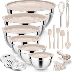 E-far 25PCS Mixing Bowls with Lid Set, Stainless Steel Nesting Prep Bowls with Grater Attachments Non-Slip Bottoms for Cooking, Serving, Food Storage, 4.6/2.6/2/1.5/1/0.7QT – Khaki(Khaki)