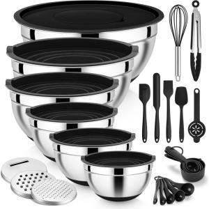E-far 25PCS Mixing Bowls with Lid Set, Stainless Steel Nesting Prep Bowls with Grater Attachments Non-Slip Bottoms for Cooking, Serving, Food Storage, 4.6/2.6/2/1.5/1/0.7QT – Khaki(Black)