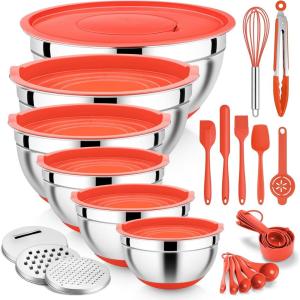 E-far 25PCS Mixing Bowls with Lid Set, Stainless Steel Nesting Prep Bowls with Grater Attachments Non-Slip Bottoms for Cooking, Serving, Food Storage, 4.6/2.6/2/1.5/1/0.7QT – Khaki(Red)