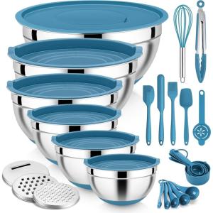 E-far 25PCS Mixing Bowls with Lid Set, Stainless Steel Nesting Prep Bowls with Grater Attachments Non-Slip Bottoms for Cooking, Serving, Food Storage, 4.6/2.6/2/1.5/1/0.7QT – Khaki(Blue)