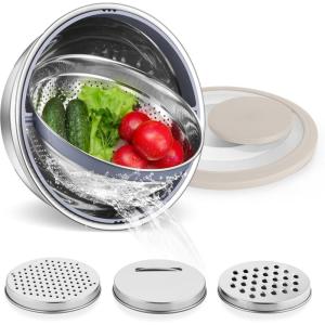 E-far Colander with Mixing Bowl Set, 4-1 Stainless Steel Colander Strainers Bowl with Graters for Kitchen, Rotatable Food Strainer Bowl for Rinsing Fruits Vegetables/Draining Pasta – Blue(Khaki)