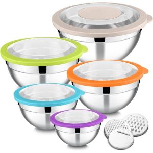 E-far Mixing Bowls Set of 5, Stainless Steel Salad Mixing Bowl with Transparent Lid, Metal Nesting Bowl with 3 Graters for Kitchen Prepping/Serving/Baking/Storage, 4.6/2.6/1.5/1/0.7 QT – Colorful