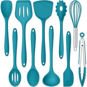 E-far Silicone Cooking Utensils Set, 24Pcs Heat Resistant Kitchen Utensil with Holder, Silicone Kitchen Tools with Spatula Turner Spoon Tongs Whisk, Non-Toxic & Dishwasher Safe (Black)(Blue)