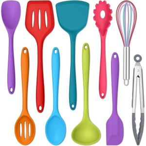 E-far Silicone Cooking Utensils Set, 24Pcs Heat Resistant Kitchen Utensil with Holder, Silicone Kitchen Tools with Spatula Turner Spoon Tongs Whisk, Non-Toxic & Dishwasher Safe (Black)(Colorful)