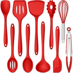 E-far Silicone Cooking Utensils Set, 24Pcs Heat Resistant Kitchen Utensil with Holder, Silicone Kitchen Tools with Spatula Turner Spoon Tongs Whisk, Non-Toxic & Dishwasher Safe (Black)(Red)