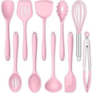 E-far Silicone Cooking Utensils Set, 24Pcs Heat Resistant Kitchen Utensil with Holder, Silicone Kitchen Tools with Spatula Turner Spoon Tongs Whisk, Non-Toxic & Dishwasher Safe (Black)(Pink)