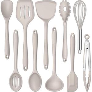 E-far Silicone Cooking Utensils Set, 24Pcs Heat Resistant Kitchen Utensil with Holder, Silicone Kitchen Tools with Spatula Turner Spoon Tongs Whisk, Non-Toxic & Dishwasher Safe (Black)(Khaki)