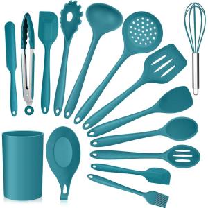 Kitchen Utensils Set, E-far 15-Piece Silicone Cooking Utensils with Holder, Non-stick Cookware Friendly & Heat Resistant, Includes Ladle Spatula Spoon Slotted Turner for Cooking & Baking (Black)(Teal Blue)