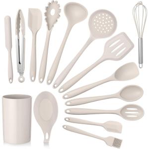 Kitchen Utensils Set, E-far 15-Piece Silicone Cooking Utensils with Holder, Non-stick Cookware Friendly & Heat Resistant, Includes Ladle Spatula Spoon Slotted Turner for Cooking & Baking (Black)(Khaki)