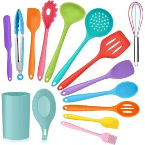Kitchen Utensils Set, E-far 15-Piece Silicone Cooking Utensils with Holder, Non-stick Cookware Friendly & Heat Resistant, Includes Ladle Spatula Spoon Slotted Turner for Cooking & Baking (Black)(Colorful)
