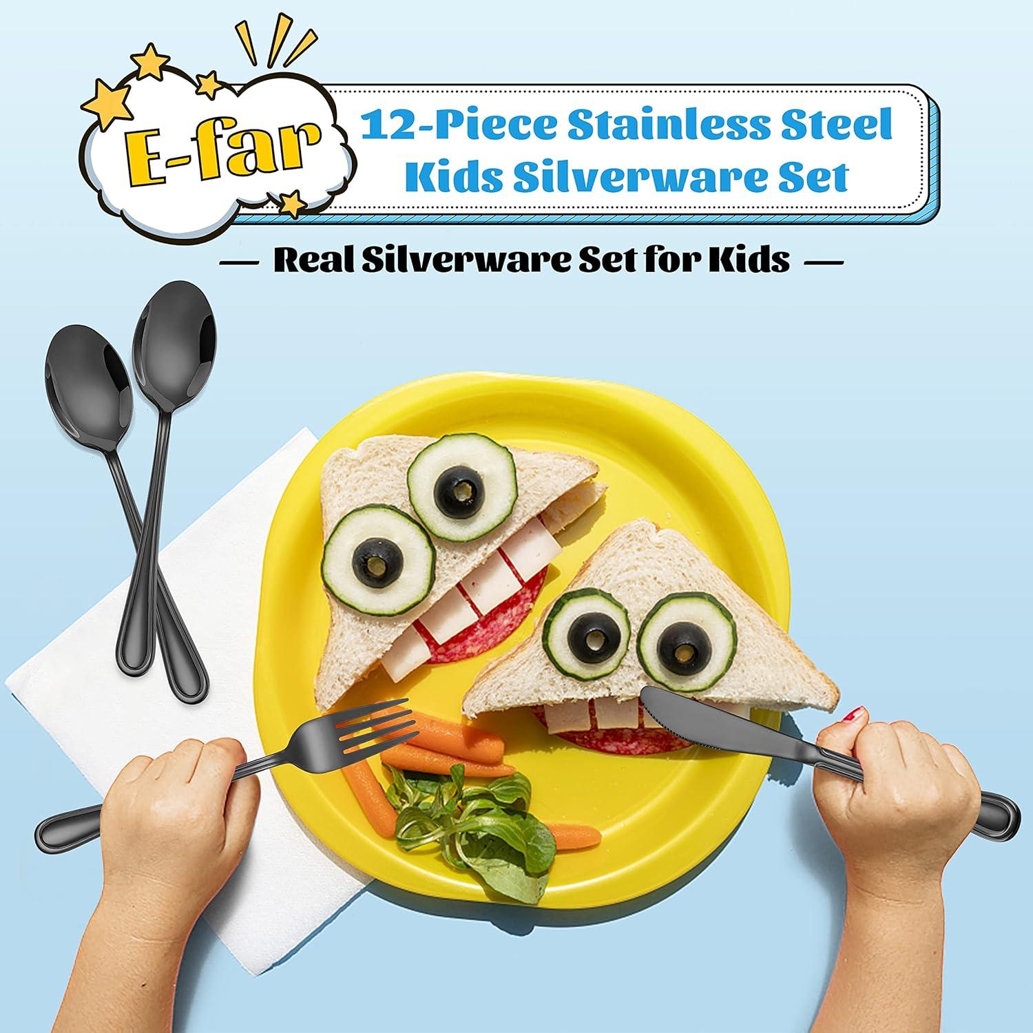 image12Piece Black Kids Silverware Efar Stainless Steel Toddler Kids Utensils Safe for PreschoolerChildren Includes 4 Forks 4 Spoons 4 Knife Slimline Look amp Small Size Healthy amp Rust Free